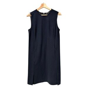 Theory Women Navy Pinstripe Knit Sheath Dress Size 6 Sleeveless Shift Mob Career